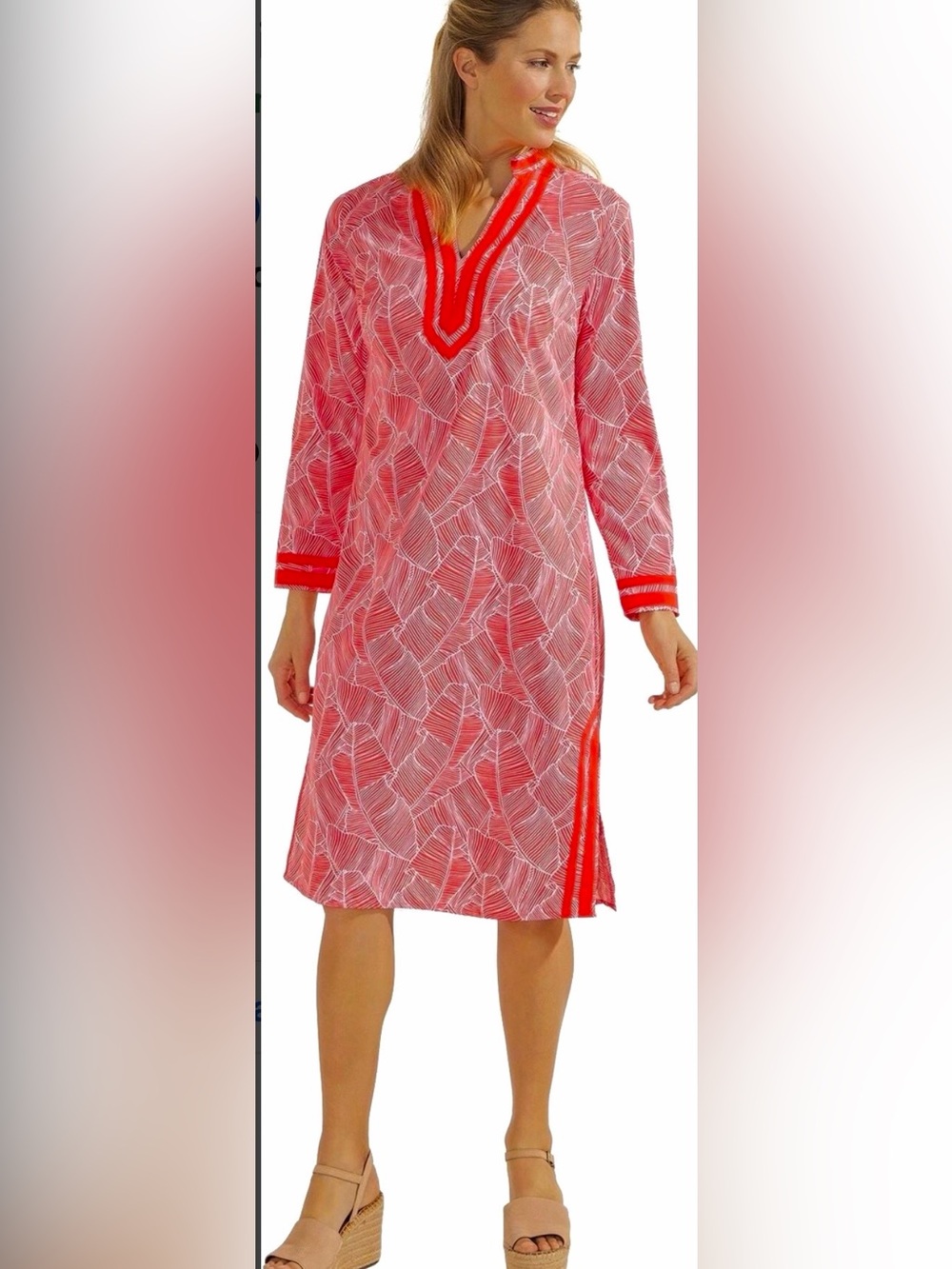 Coolibar Coral White Palm Print Sampika Tunic Dress Medium Long Sleeve UPF 50+